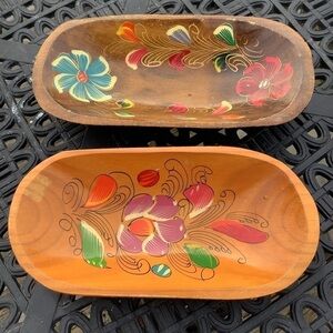 Vintage Mexican Folk Art Wooden Bowls Hand Painted Flowers
